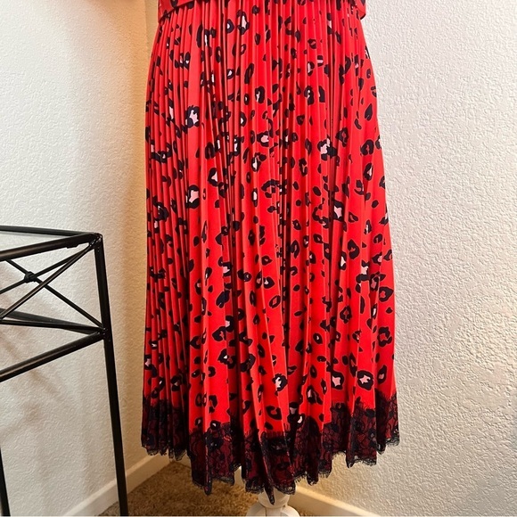 MIKAEL AGHAL Red Leopard‎ Pleated Midi Dress Lace Trim Size 6 - Picture 5 of 12